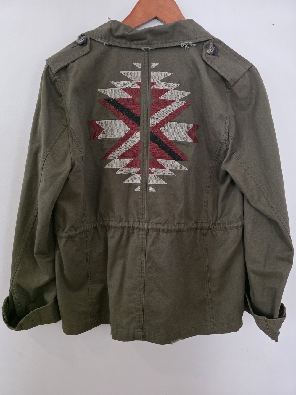 Blu Pepper Olive Utility Jacket M Southwest Aztec Embroidered Back Boho Western - Picture 2 of 15